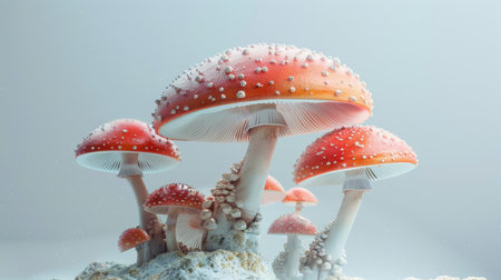 Red and white spotted mushrooms on a rock with a white backgroundの素材