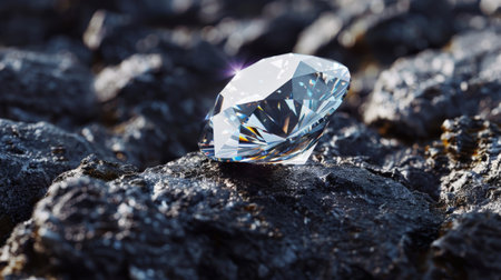A beautiful diamond sits on a rough rock surface.の素材