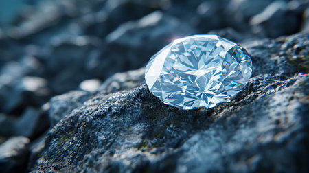 A beautiful diamond sparkles in the sun on a rocky surface.の素材