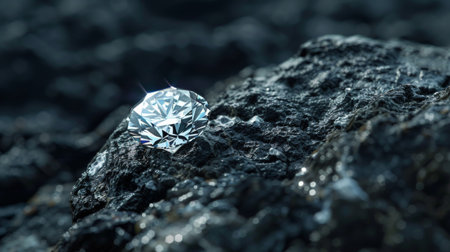 A beautiful diamond sparkles on a rough rock surface.の素材
