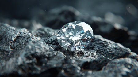 A beautiful diamond sits on a rough rock surface.の素材
