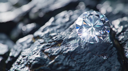 A beautiful diamond sparkles on a rough piece of coal.の素材