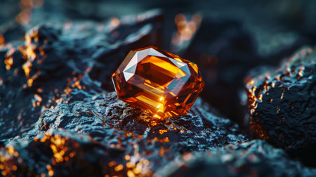 Close-up of an orange gemstone on the black stones.の素材