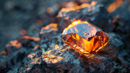 Close-up of a beautiful orange sapphire on a rockの素材