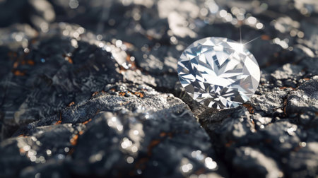 Close-up of a diamond lying on a rock with a blurred backgroundの素材