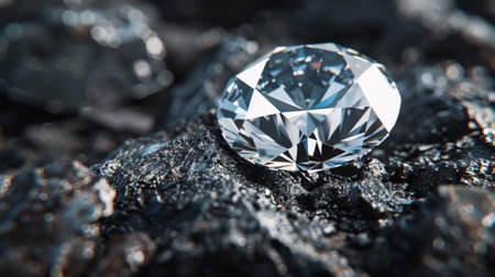 Close up view of a diamond on a black volcanic sand background.の素材