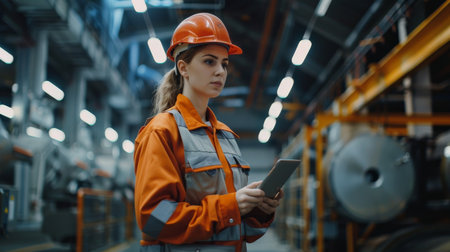 A woman in an orange hard hat and orange jumpsuit uses a tablet in a factory.の素材