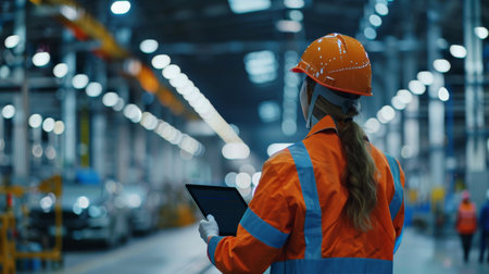 A woman in a hard hat and safety vest uses a tablet to monitor the production line.の素材