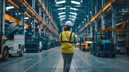 A woman in a hard hat and safety vest walks through a factory, holding a tablet.の素材