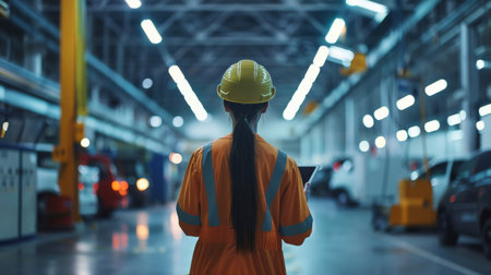 A woman wearing a hard hat and safety vest walks through a factory, holding a tablet.の素材