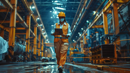 A female worker wearing a hard hat and safety vest walks through a factory, holding a tablet.の素材