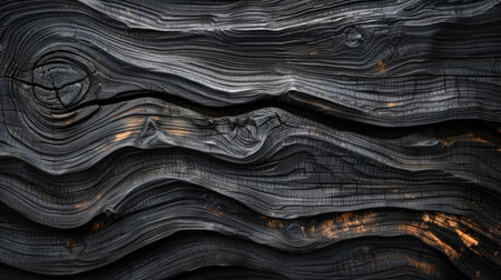 A close up of a dark wood grain texture with a knotの素材