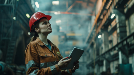 A female engineer in a hard hat and coveralls uses a tablet to monitor the progress of her team.の素材