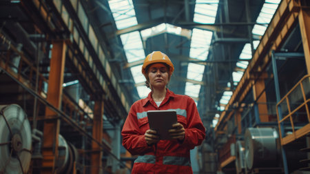 Portrait of a confident female industrial engineer in hardhat and coveralls using a tablet while inspecting a factoryの素材