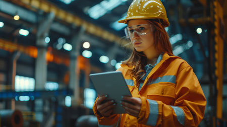 Portrait of a confident female engineer in hard hat and safety glasses using tablet while inspecting industrial manufacturing facilityの素材