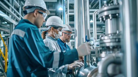 Three workers in a factory are working on a project.の素材