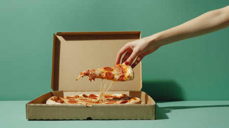 Female hand taking slice of pizza from cardboard box on green background.の素材