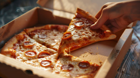 Pizza in a cardboard box on a wooden table. Selective focus.の素材