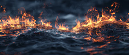 3D illustration of a burning fire in the sea. Fire in the ocean.の素材