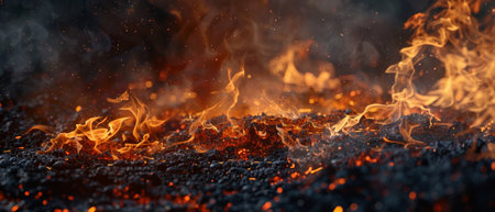 Burning coals in a bonfire. Burning coals close-up.の素材