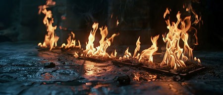 Burning fire in the fireplace at night. The concept of heating.の素材