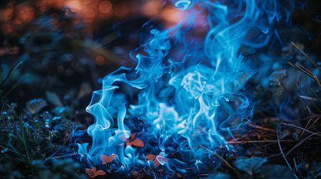 Beautiful blue flame of fire in the forest at night. Shallow depth of fieldの素材