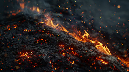 Burning coals on black background. Close-up of fire.の素材