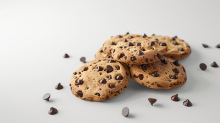Photo of some chocolate chip cookies on a white surface with chocolate chips scattered around them.の素材