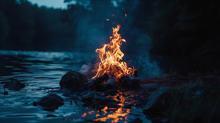 Bonfire on the river at night. Fire in the forest.の素材