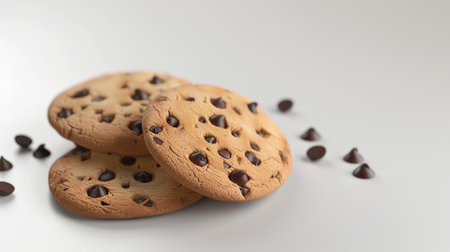 Three chocolate chip cookies on a white backgroundの素材