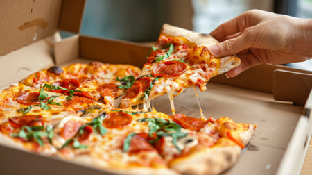 Pizza in cardboard box, close-up. Woman taking slice of pizza from boxの素材