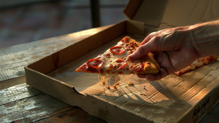 Pizza in a cardboard box in the hands of a man.の素材