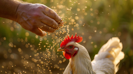 A rooster is being fed from a man's hand with grain.の素材