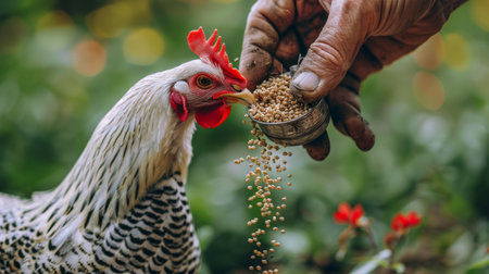 Farmer hand feeding a rooster with grains in the garden.の素材