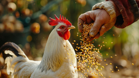Farmer's hand feeding a rooster with grains in the gardenの素材