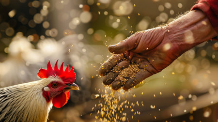 Farmer's hand feeding rooster with grain. Selective focus.の素材