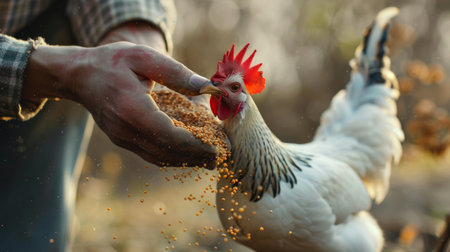 Farmer is feeding a rooster with grain, close-upの素材