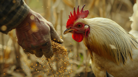 Rooster eating millet from farmer's hand. Rooster in the farm.の素材