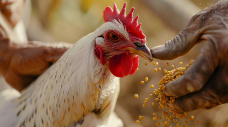 Rooster eating millet from the hands of an african farmerの素材