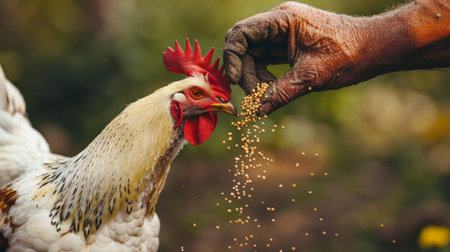 Farmer is feeding a rooster with grains in the garden.の素材
