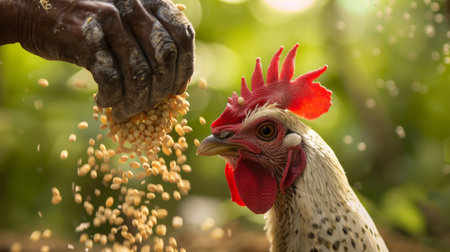 Rooster is eating grains from the hands of a farmer. Selective focus.の素材