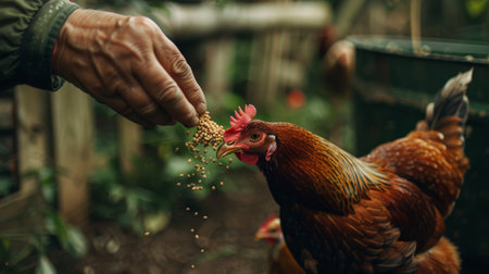 Farmer is feeding a rooster with grains in his hand.の素材