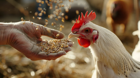 Farmer feeding rooster with grain in farm, closeup viewの素材