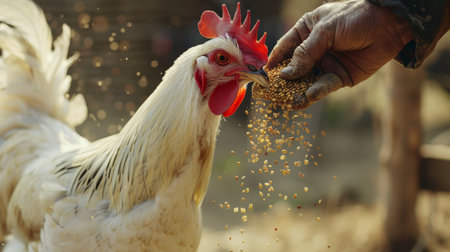 White rooster eating grain from hand of farmer, selective focus.の素材