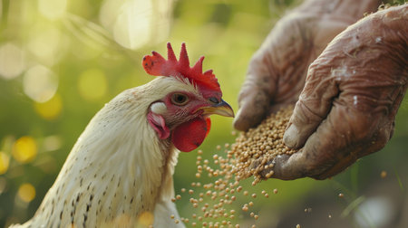 Hand of farmer feeding rooster with grains. Rooster is a breed of chicken.の素材