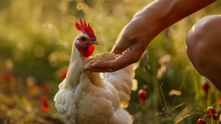 Farmer's hand feeding a chicken with sunflower seeds in the fieldの素材