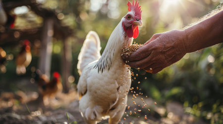 Farmer hand feeding chicken with grain in the organic poultry farm.の素材