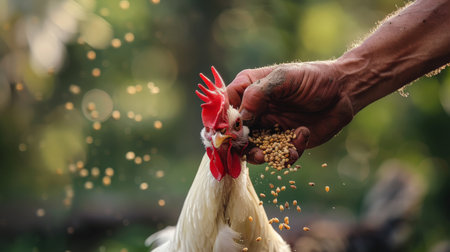 Rooster is eating grain from hand. Rooster is a symbol of Chinese New Year.の素材