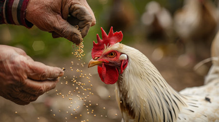 The hands of the farmer are feeding the rooster with grain.の素材
