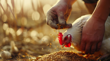 Hands of a farmer feeding a chicken with sunflower seeds.の素材